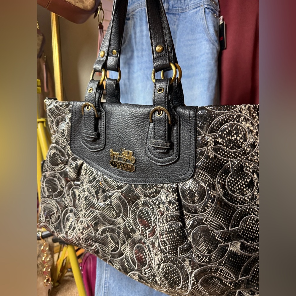 Coach Signature Embossed Tote Bag 14578 Black Gray Leather Trim Gold Hardware - Picture 16 of 17